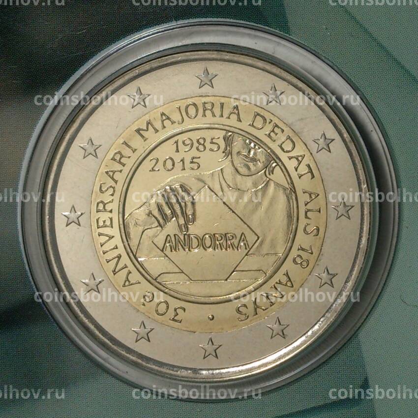 Монета 2 евро 2015 года Андорра 30 лет реформе избирательного права — в буклете