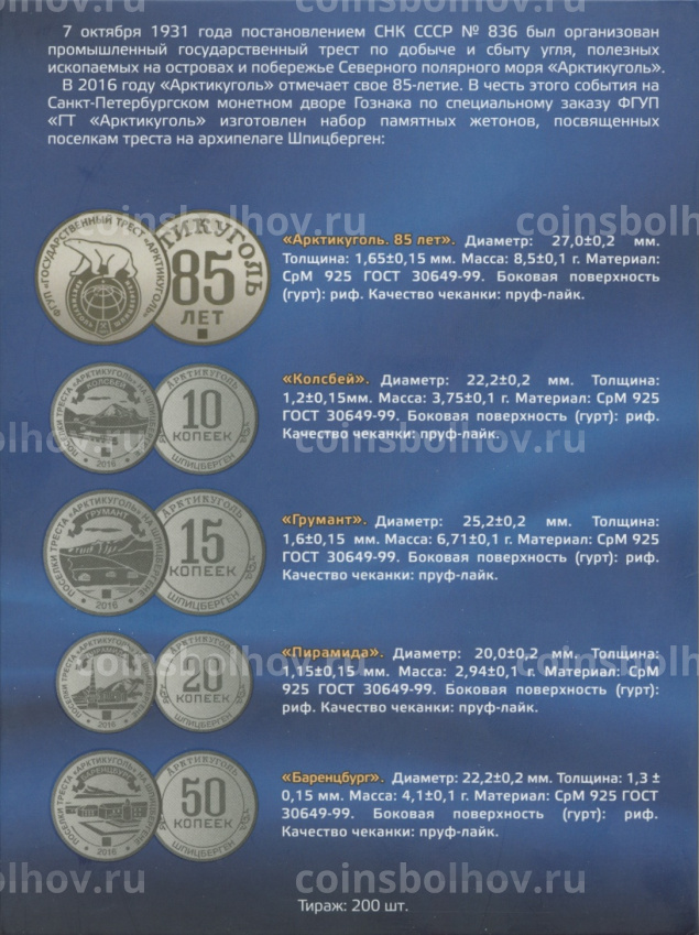 Набор монет 2016 года Шпицберген «85 лет государственному тресту Арктикуголь» (вид 6)