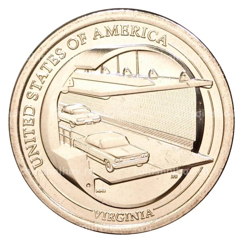 Монета 1 доллар 2021 года D США — Американские инновации -Мост-тоннель через Чесапикский залив