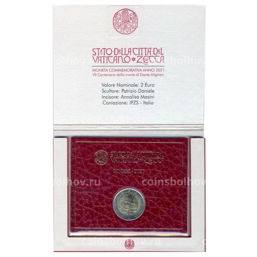 Монета 2 евро 2021 года Ватикан —  700 лет со дня смерти Данте Алигьери (в подарочной упаковке) (вид 3)
