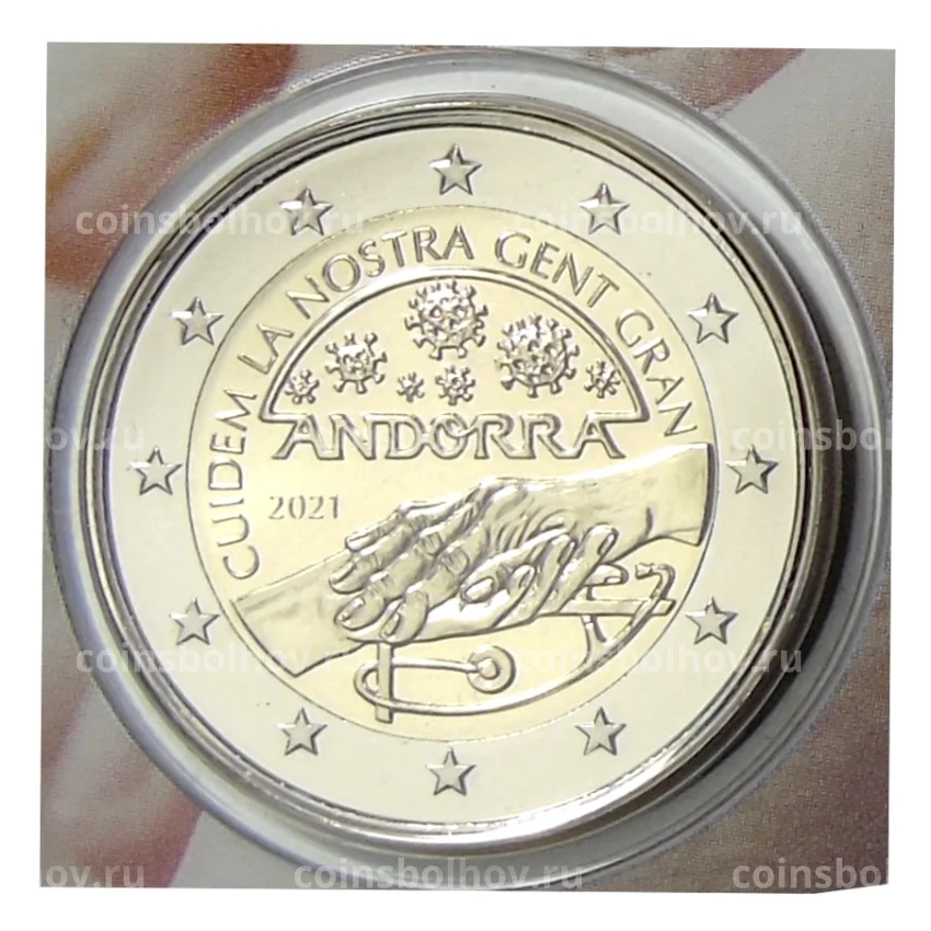 Монета 2 евро 2021 года Андорра —  Мы заботимся о наших пожилых людях (в подарочном блистере)