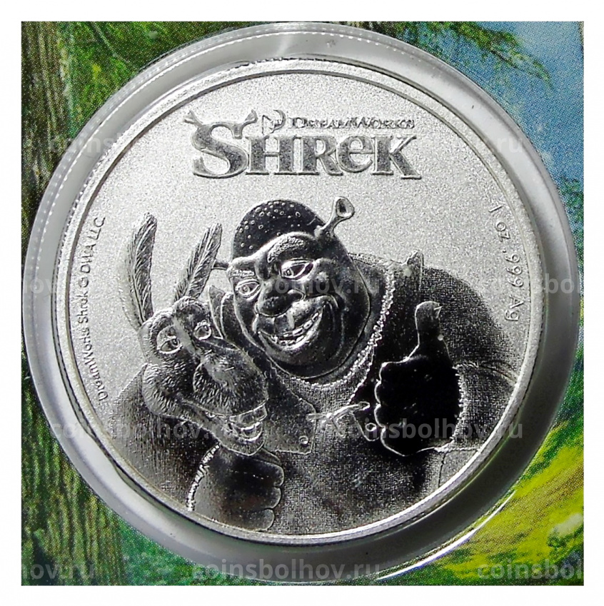 Монета 2 доллара 2021 года Ниуэ — Шрек и Осел (в блистере) (вид 3)