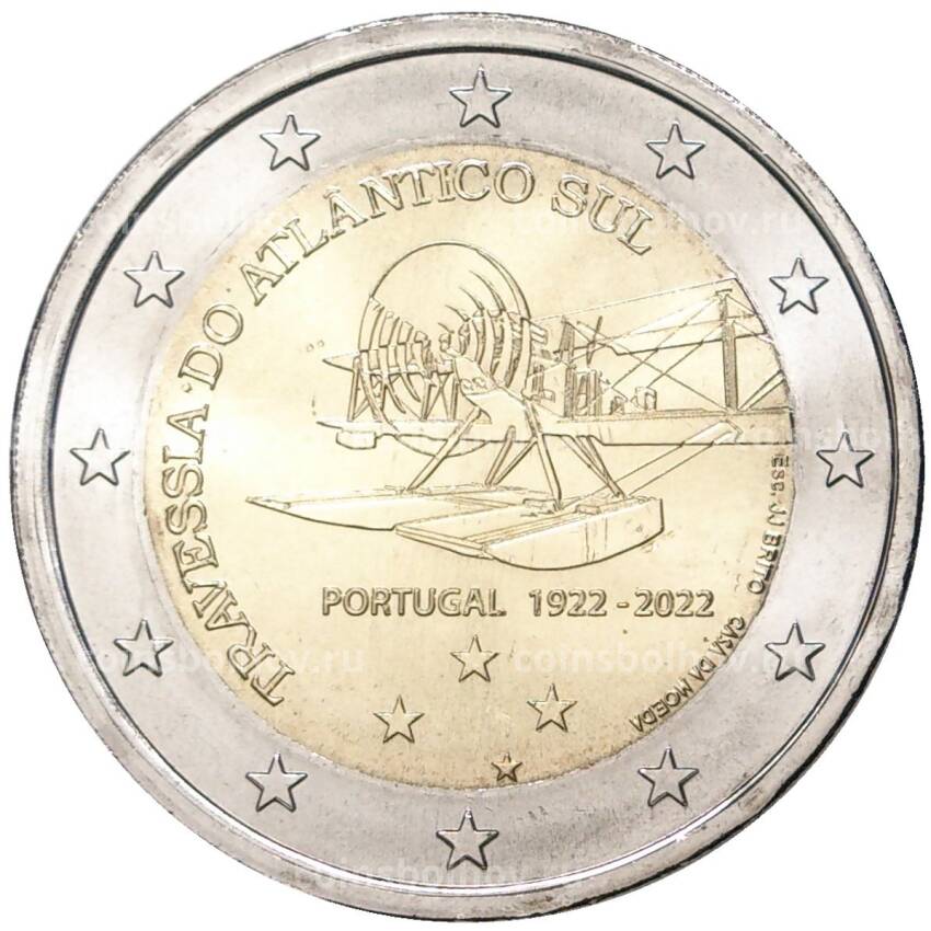 Монета 2 евро 2022 года Португалия —  100 лет первому перелёту Южной Атлантики