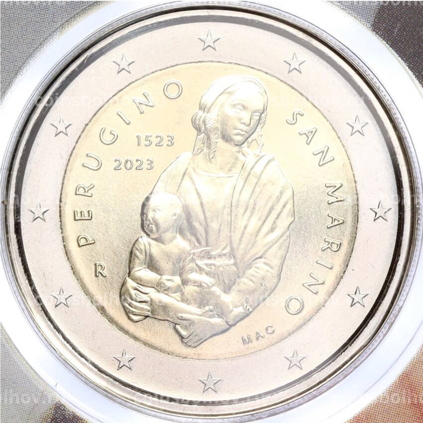 Монета 2 евро 2023 года Сан-Марино —  500 лет со дня смерти Пьетро Перуджино (в блистере)
