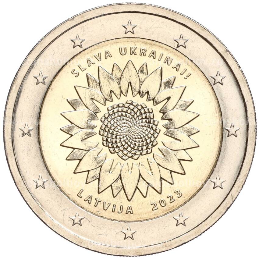 Монета 2 евро 2023 года Латвия —  Украина (Подсолнух)