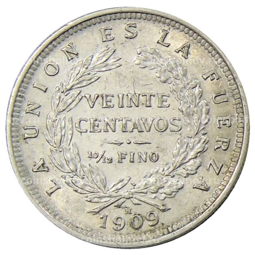 Монета 20 сентаво 1909 года Боливия