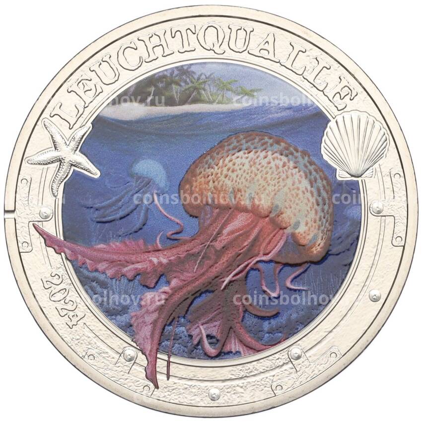 Монета 3 евро 2024 года Австрия «Светящаяся морская жизнь — Светящаяся медуза»