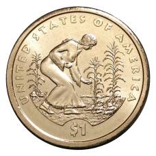 Монета 1 доллар 2009 года Сакагавея Индианка, выращивающая тыкву, кукурузу, фасоль D (аверс)