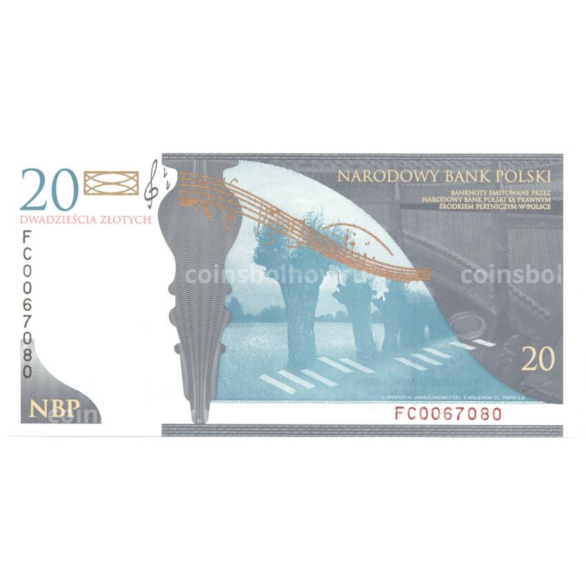Банкнота 20 злотых 2009 года 200 лет со дня рождения Фредерика Шопена в буклете (вид 2)