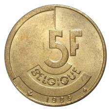 Монета 5 франков 1986 года — Надпись на французском (BELGIQUE) (аверс)
