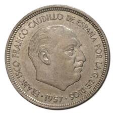 Монета 5 песет 1957 (74) года (реверс)