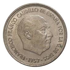 Монета 5 песет 1957 (75) года (реверс)