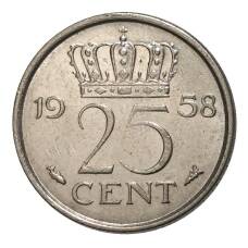 Монета 25 центов 1958 года Нидерланды (аверс)