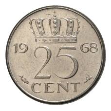 Монета 25 центов 1968 года Нидерланды (аверс)