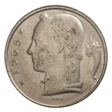 Монета 5 франков 1965 года Бельгия — Надпись на французском (BELGIQUE) (аверс)