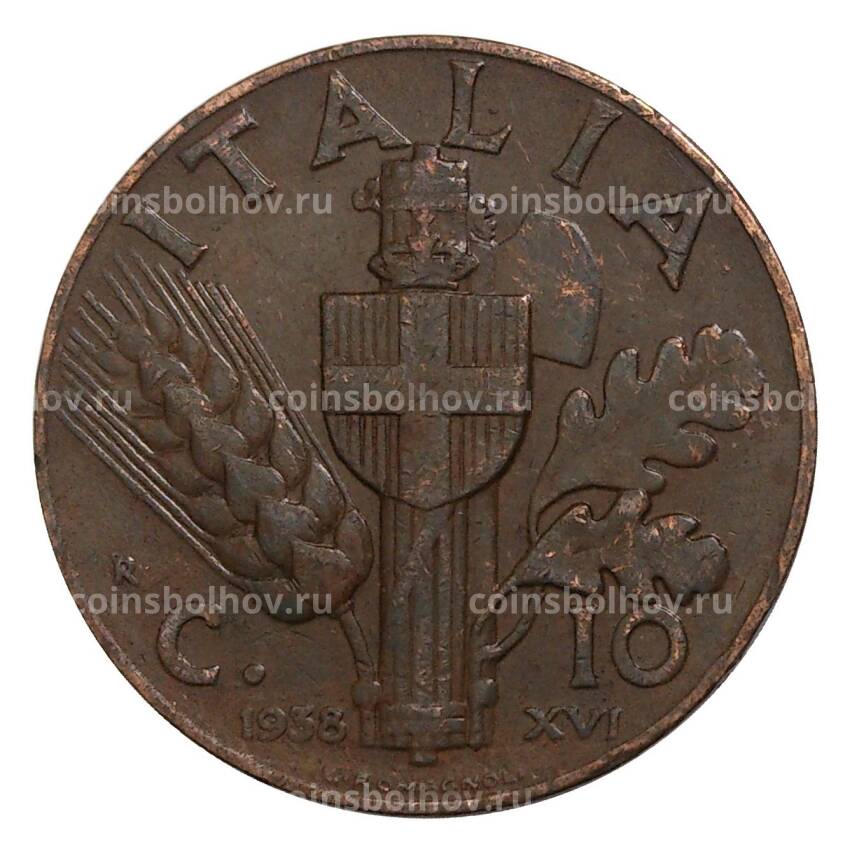 Монета 10 чентезимо 1938 года Италия