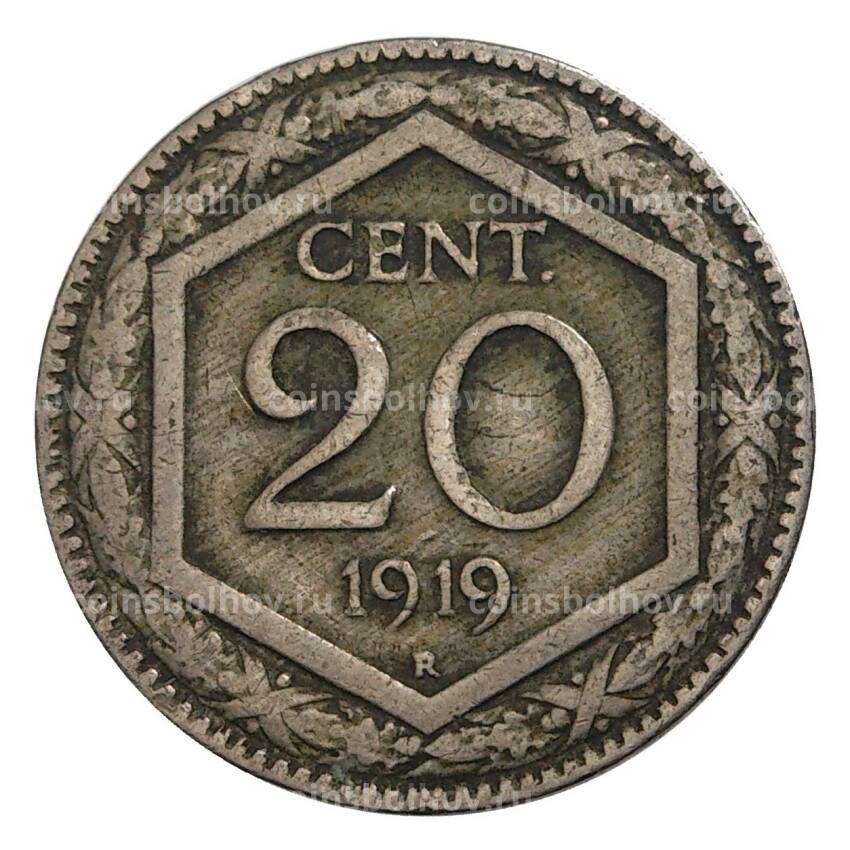 Монета 20 чентезимо 1919 года Италия