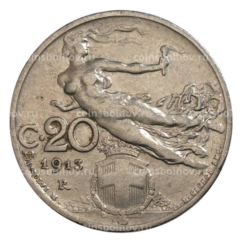 Монета 20 чентезимо 1913 года Италия