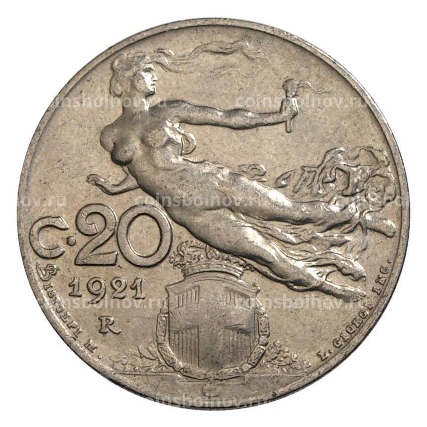 Монета 20 чентезимо 1921 года Италия