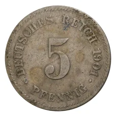 Монета 5 пфеннигов 1901 года J Германия (аверс)