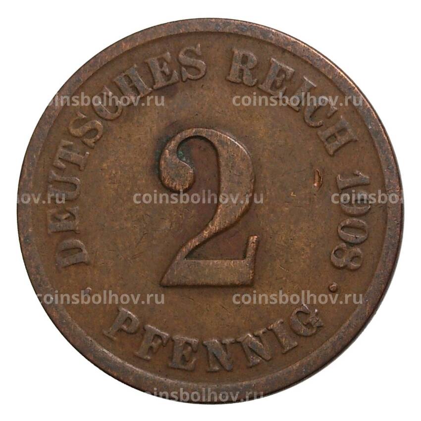 Монета 2 пфеннига 1908 года Е Германия