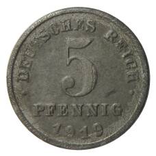 Монета 5 пфеннигов 1919 года F Германия (аверс)
