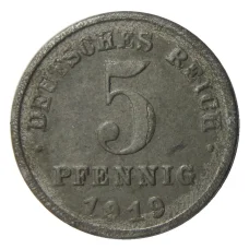 Монета 5 пфеннигов 1919 года F Германия (аверс)