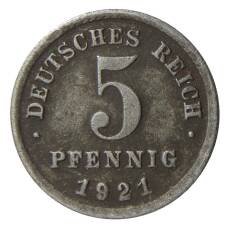 Монета 5 пфеннигов 1921 года F Германия (аверс)