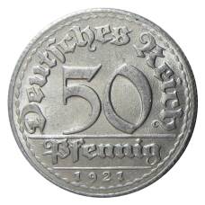 Монета 50 пфеннигов 1921 года D Германия (аверс)