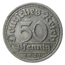 Монета 50 пфеннигов 1921 года F Германия (аверс)