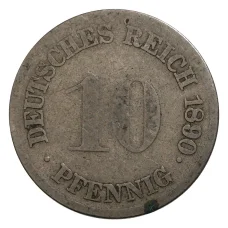 Монета 10 пфеннигов 1890 года F Германия (аверс)
