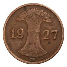 Монета 1 рейхспфенниг 1927 года G Германия (аверс)