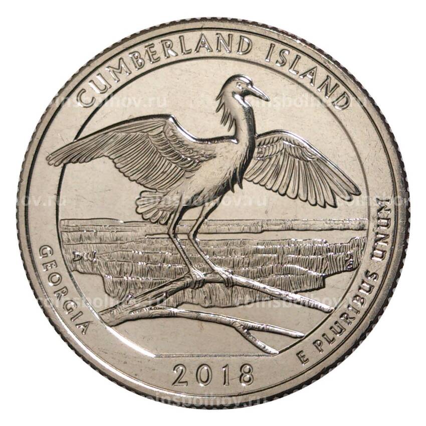 Монета 25 центов 2018 года S США Национальные парки — №44 Национальное побережье острова Камберленд