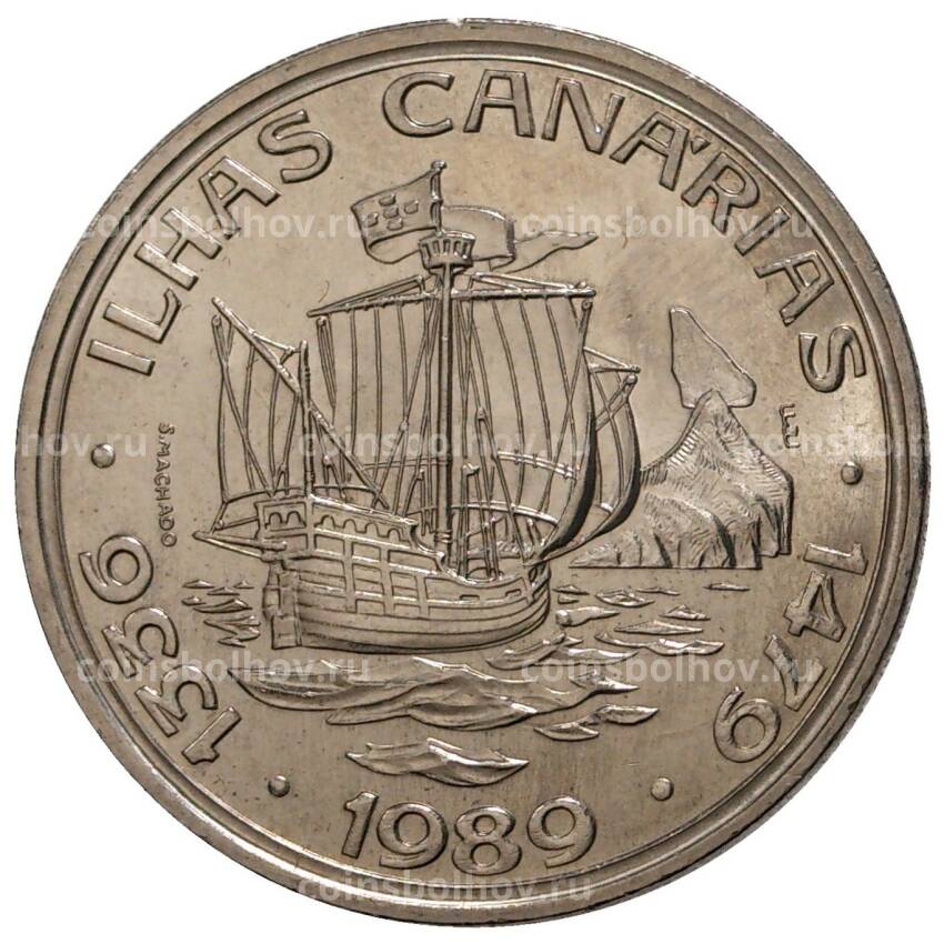 Монета 100 эскудо 1989 года Португалия «Золотой век открытий — Открытие Канарских островов»
