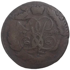 Монета 2 копейки 1758 года Перечекан из «облачной» копейки (аверс)