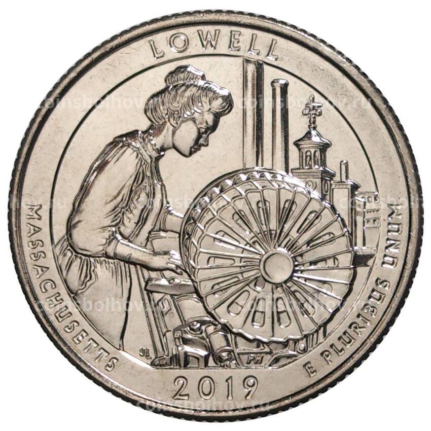 Монета 25 центов 2019 года D США Национальные парки — №46 Национальный исторический парк Лоуэлл
