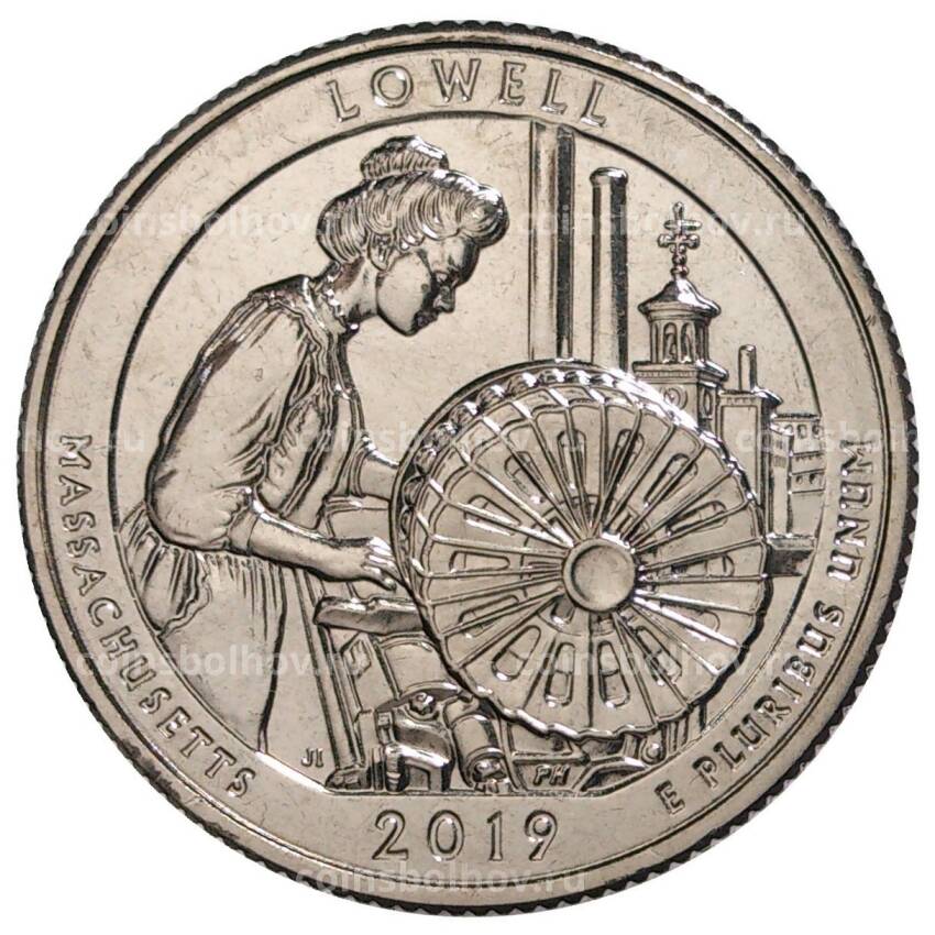 Монета 25 центов 2019 года S США Национальные парки — №46 Национальный исторический парк Лоуэлл