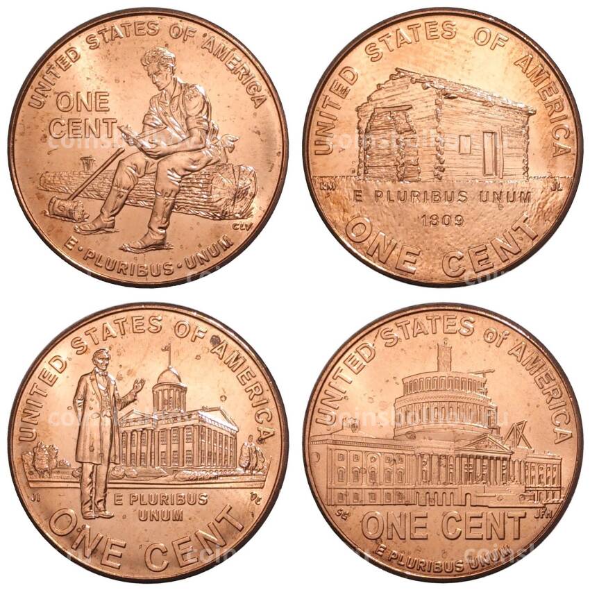 Набор монет 1 цент 2009 года (без буквы) «200 лет со дня рождения Авраама Линкольна»