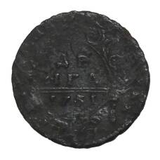 Монета Денга 1731 года — Перечекан из копейки Петра 1 (аверс)