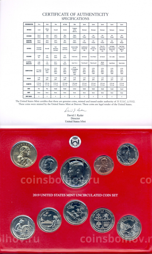 Годовой набор монет 2019 года D США в подарочном буклете (вид 4)