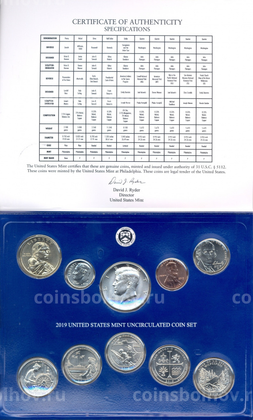 Годовой набор монет 2019 года P США в подарочном буклете (вид 4)