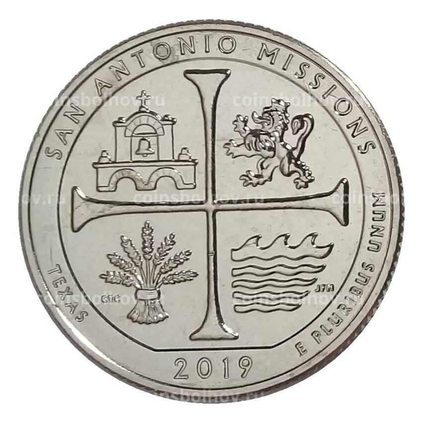 Монета 25 центов 2019 года S США Национальные парки — №49 Национальный Исторический Парк Миссии Сан-Антонио