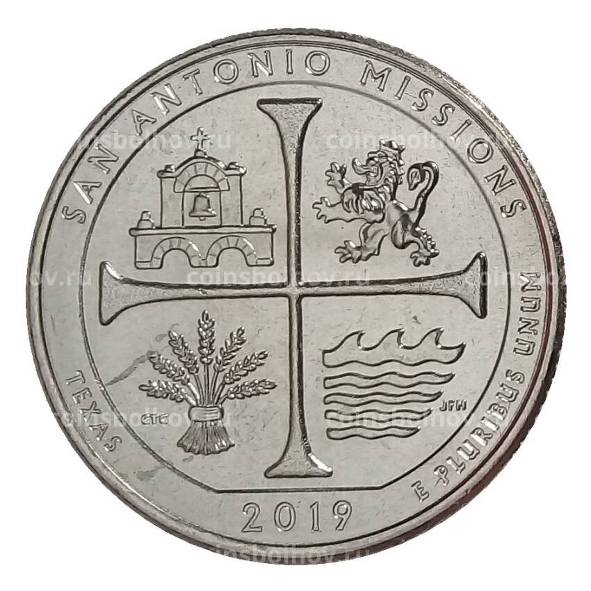 Монета 25 центов 2019 года P США Национальные парки — №49 Национальный Исторический Парк Миссии Сан-Антонио