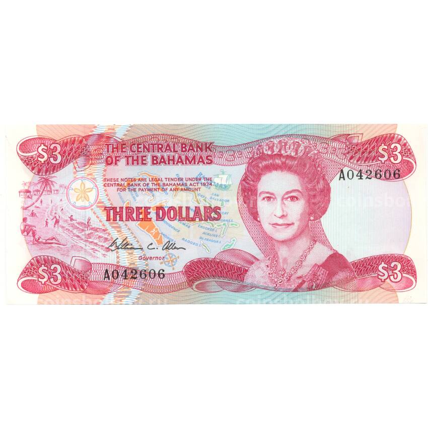Банкнота 3 доллара 1974 года Багамские Острова