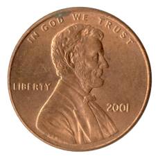 Монета 1 цент 2001 года США (аверс)