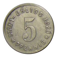 Монета 5 пфеннигов 1920 года Германия — Нотгельд Охлигс (аверс)