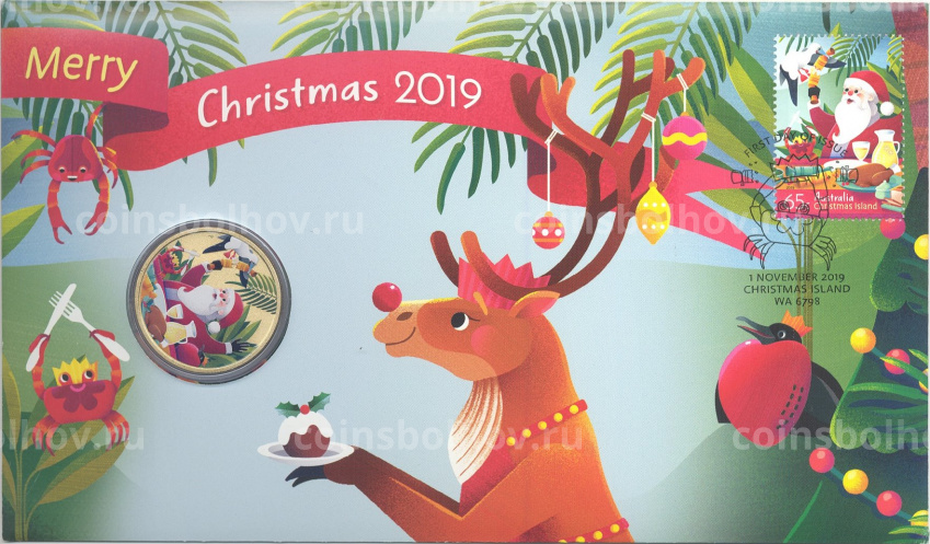 Монета 1 доллар 2019 года Тувалу — Рождество  в подарочном конверте с маркой (вид 3)
