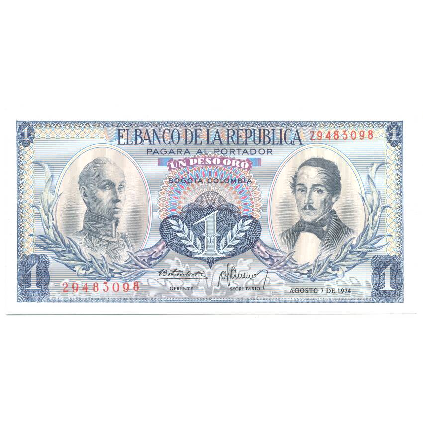 Банкнота 1 песо 1974 года Колумбия