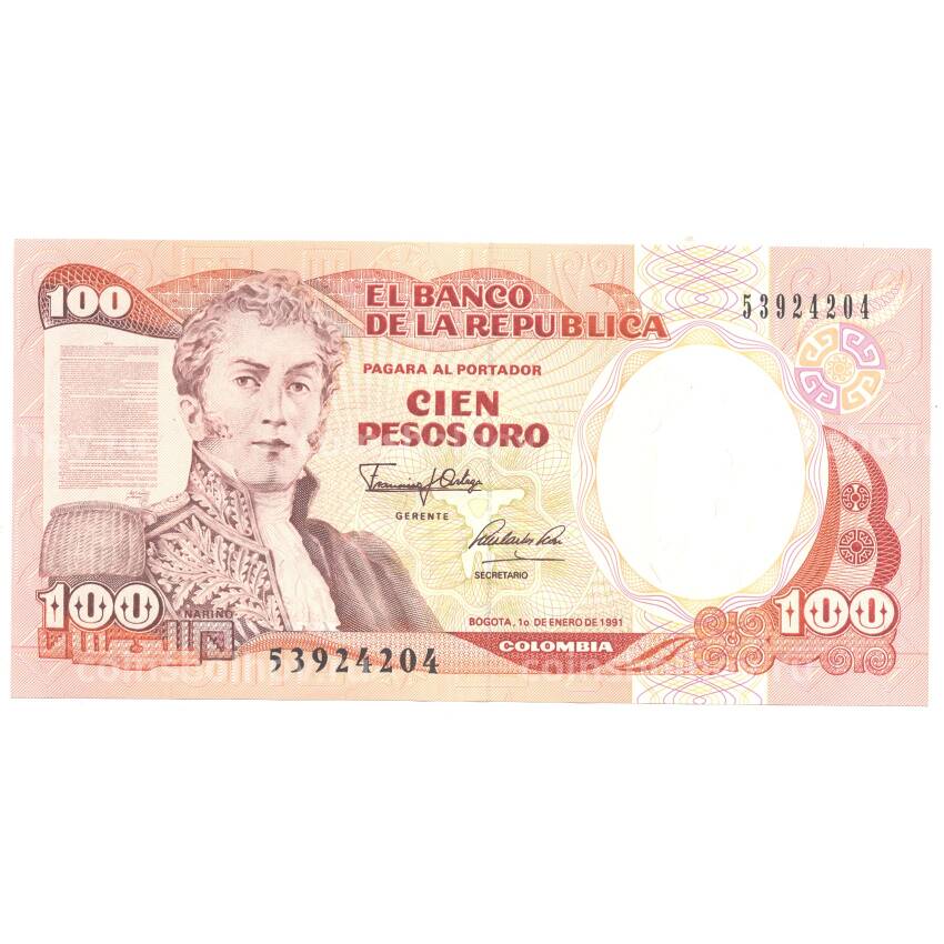 Банкнота 100 песо 1991 года Колумбия