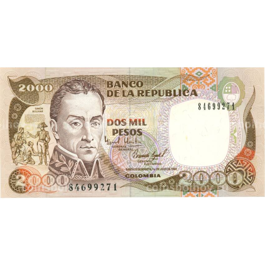 Банкнота 2000 песо 1993 года Колумбия